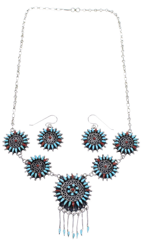 Southwest Turquoise And Coral Needlepoint Silver Necklace And Earring Set EX54066
